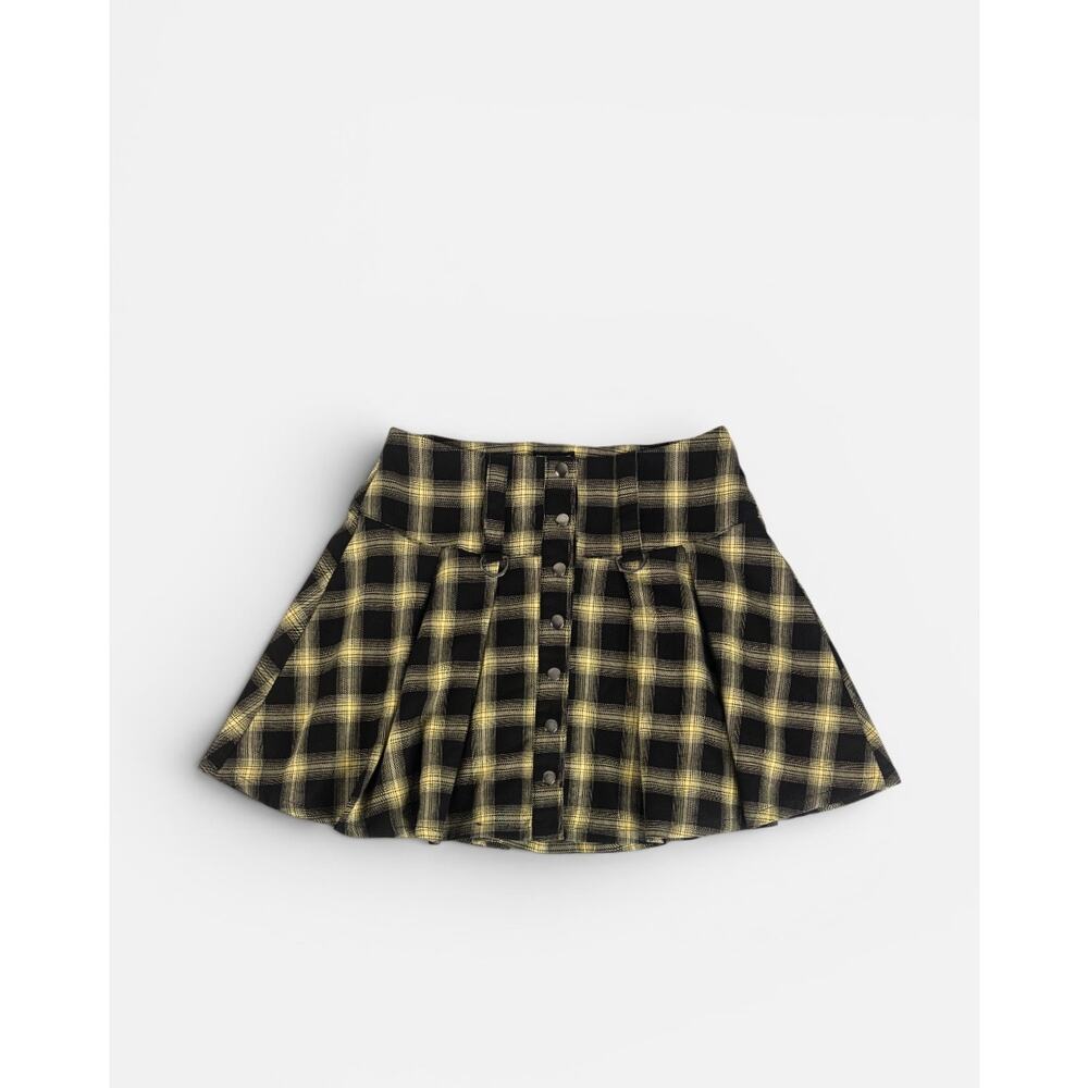 Hot Topic Plaid Skirt Black Yellow Skater Goth Mini Drop Waist Snap Front Sz M